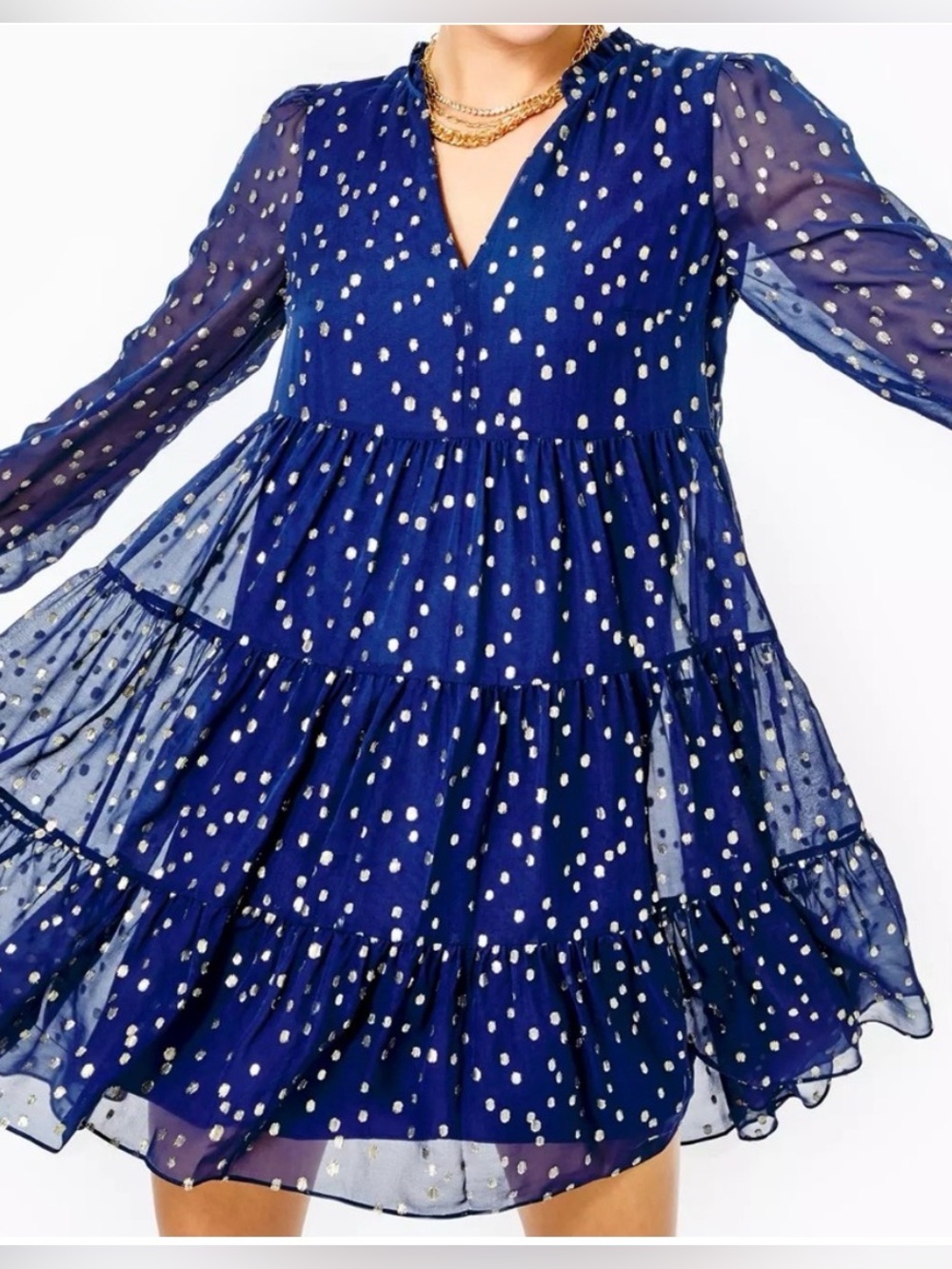 NWOT Lilly Pulitzer Silk Sarita High Tide Navy Gold Clip Tiered Swing Dress sz10